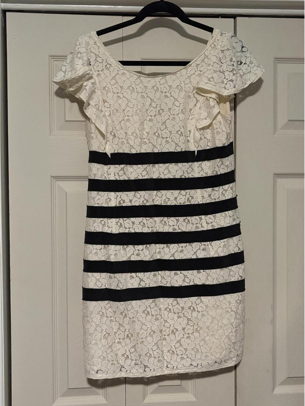 BCBG Max Azria Renata Lace Dress – Cream & Black Striped Cocktail Dress